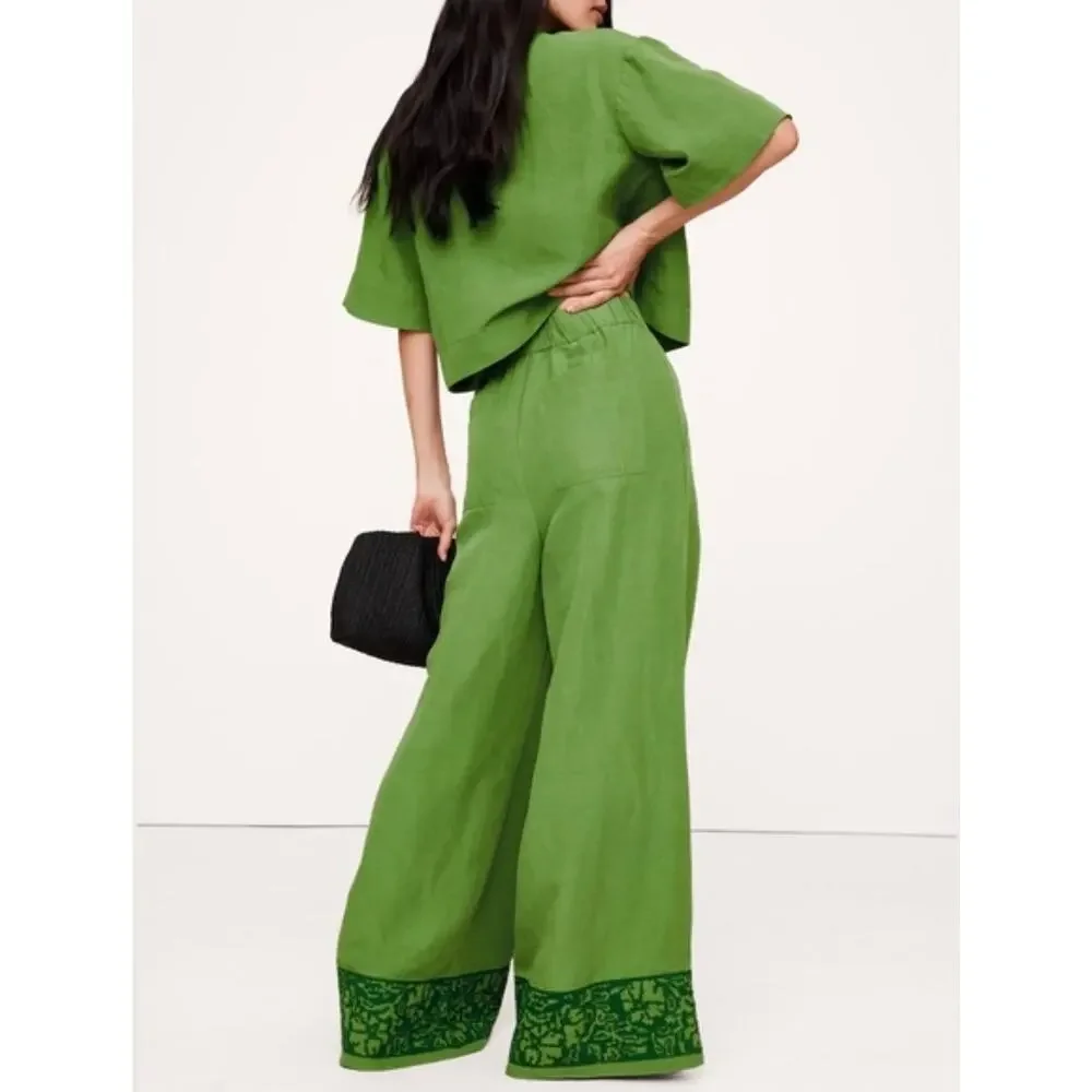 Banana Republic Green High Rise Wide Leg Embroidered Linen Pants, Women's M NWT